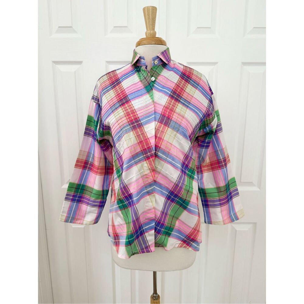 Marisa Baratelli Asymmetrical Pink Green Plaid Pleated Thai Silk Blouse Shirt 6